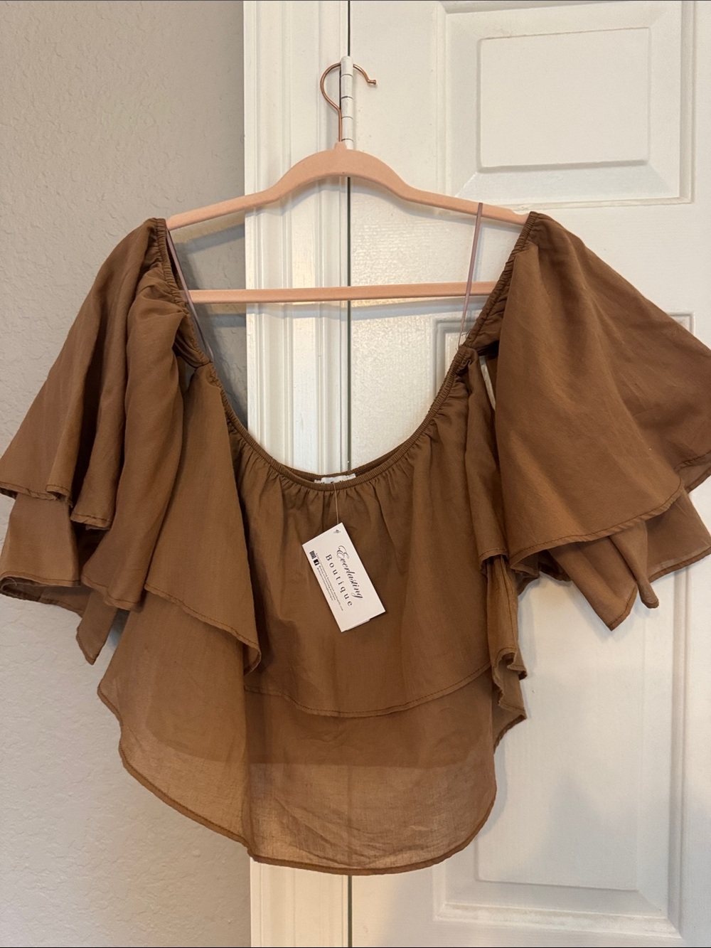 Smocked Off-Shoulder Ruffle Crop Top - Brown